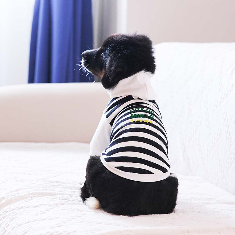 Dog Letter Hoodie with Green City of Angels, Red White and Stripe Pet Clothes, Leash Hole Design