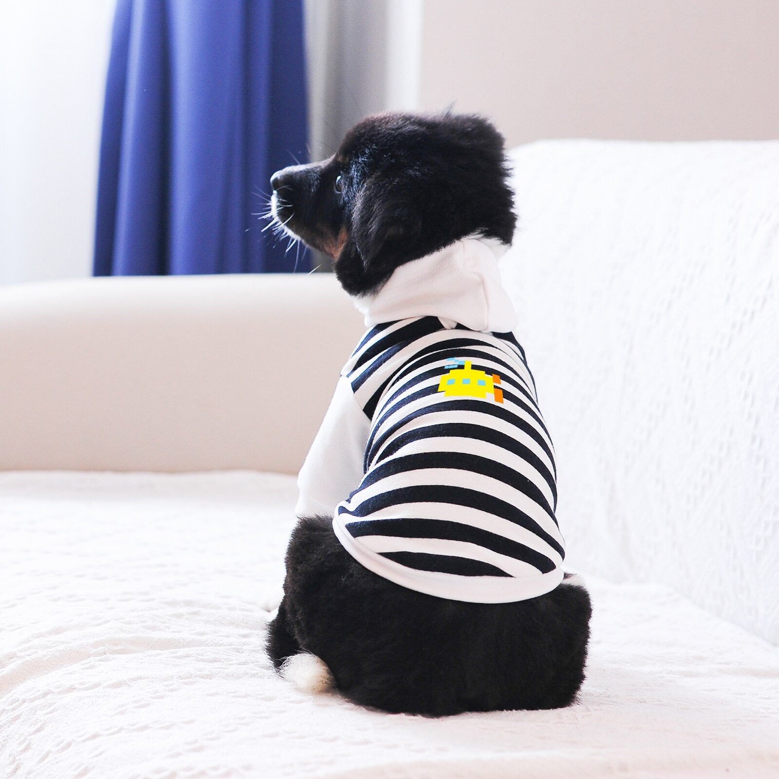 Dog Hoodies with Stripe White and Red Color in Cute Pattern Printed, Leash Hole Design and Durable and Comfortable Fabric