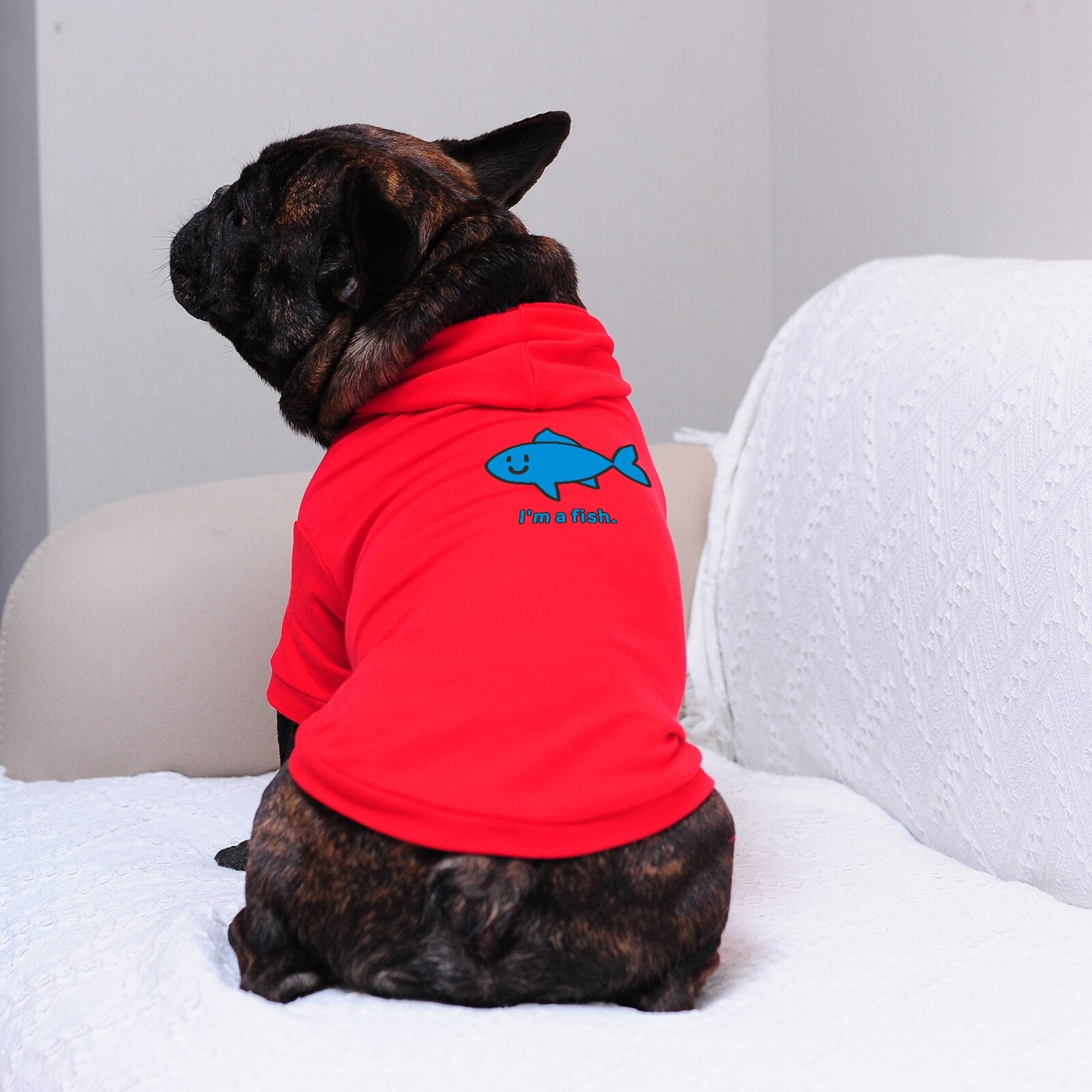 Dog Hoodie 'I Am a Fish‘  Print Pet Clothes, Zebra Stripe White and Red, Classic and Cute for All Size