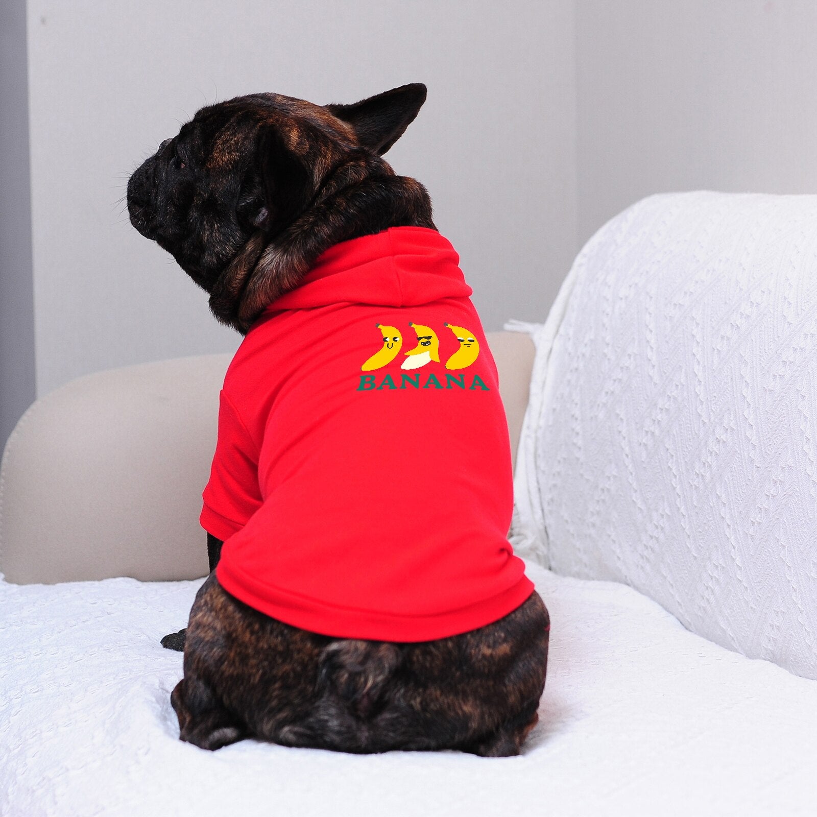 Dog Clothes Hoodies with Banana Printe Stripe White Red, Hood and Leash Hole, Elastic and Breathable Fabric, Good Quality