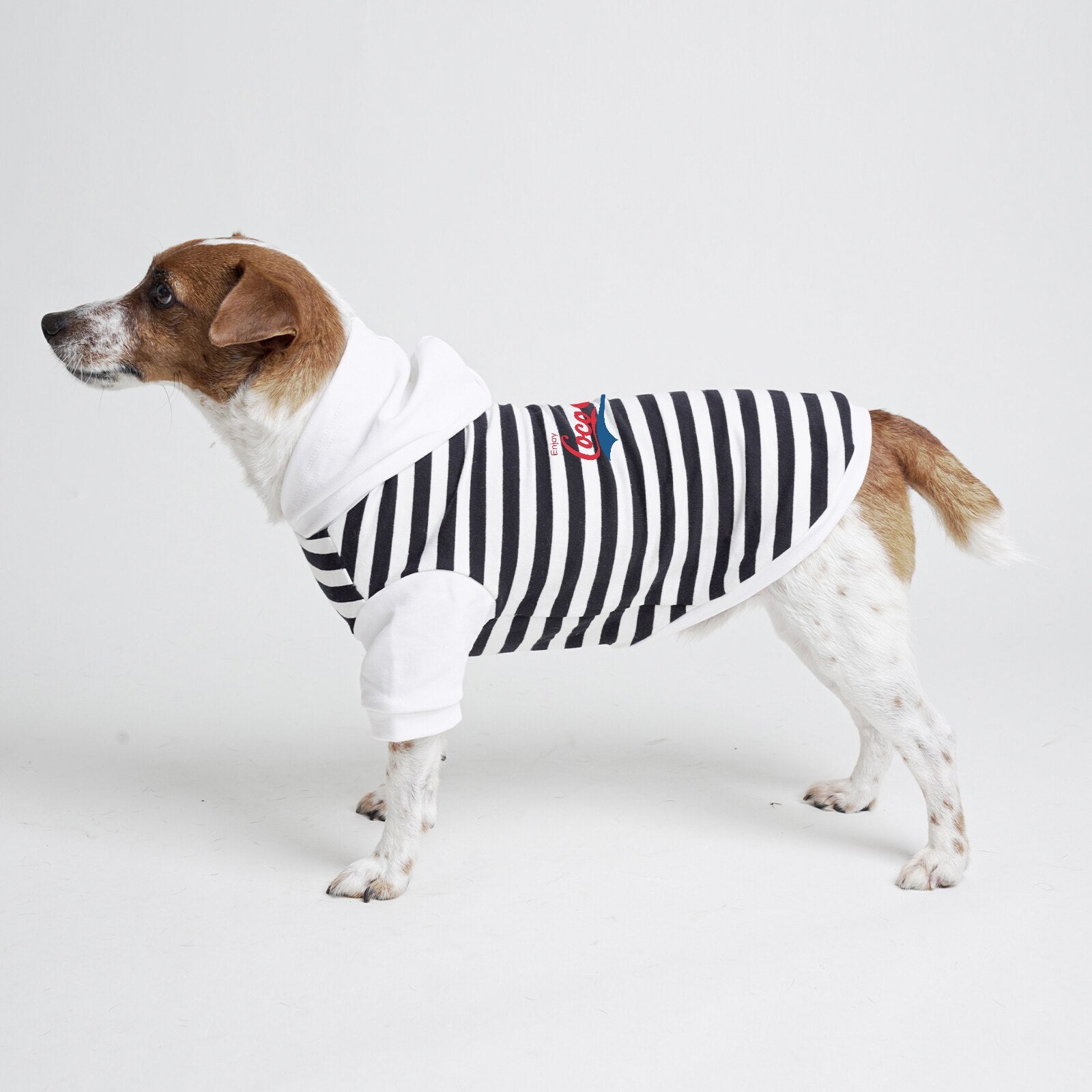 Pet Hoodie Letter 'Coco' Print Clothes for Small Medium Big Dogs Zebra Stripe White Leash Hole Design Soft Cotton Fabric